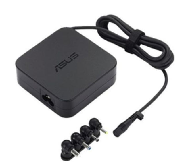 ASUS 90W Universal Adaptor with four connector tips, compact design for easy travel, perfect for charging multiple ASUS devices.