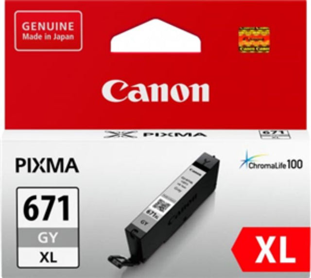 Canon CLI671XGY Grey High Yield Ink Cartridge for sharp, smudge-resistant prints; 10.8ml capacity, compatible with various Canon printers.