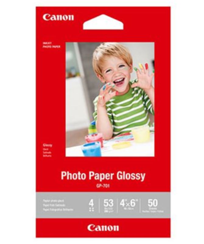 Canon GP701 glossy photo paper pack of 50 sheets, perfect for vibrant 4x6" prints with a professional finish.