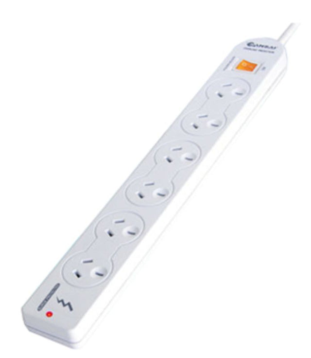 Sansai 6 Way Surge Powerboard featuring 6 outlets, master switch, surge protection, and 1m cable for versatile connectivity.