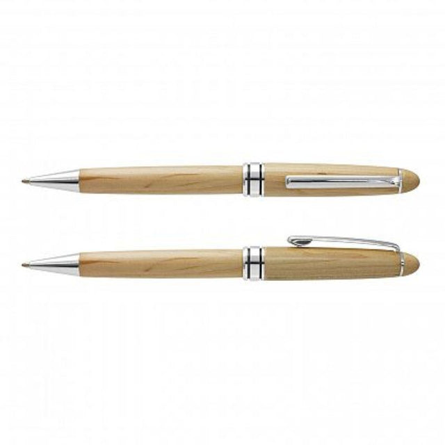 Set of 12 natural wood pens with silver accents, featuring twist action and high-quality black ink refills for smooth writing.