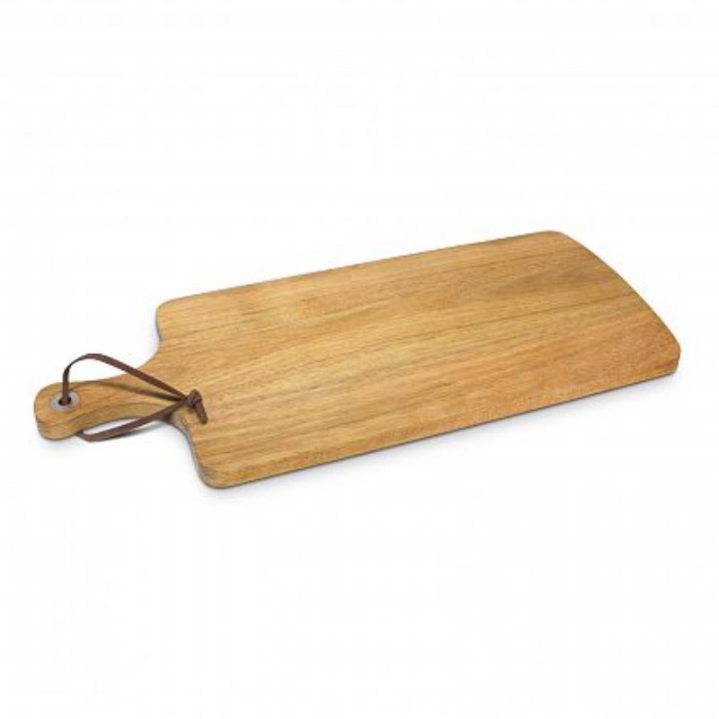 Natural acacia wood serving board with leather strap, perfect for cheeses and charcuterie, elegantly packaged in a black gift box.