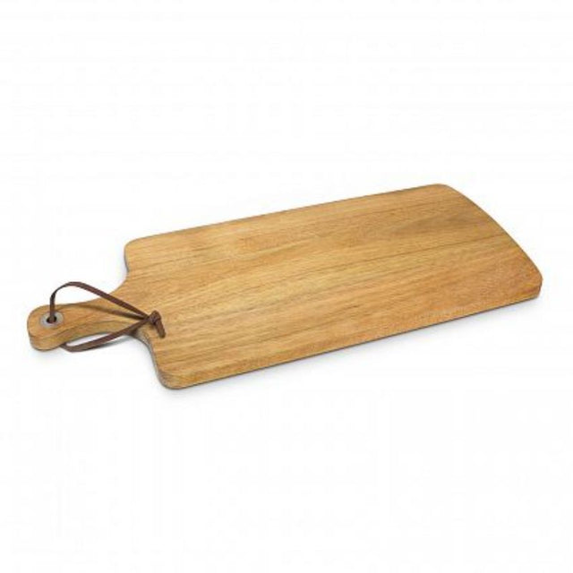 Natural acacia wood serving board with leather strap, perfect for cheeses and charcuterie, elegantly packaged in a black gift box.