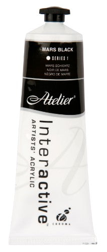 Atelier 80ml Mars Black acrylic paint tube, ideal for versatile painting techniques and exceptional blending control.