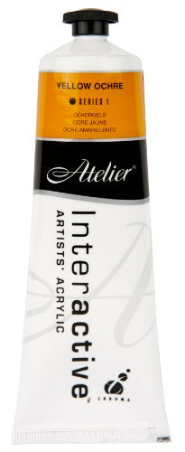 Atelier 80ml Yellow Ochre Acrylic Paint bottle, showcasing a vibrant earthy tone for versatile artistic use.