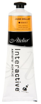 Vibrant Atelier 80ml Jaune Brilliant acrylic paint tube, perfect for versatile painting with smooth application and controlled drying.