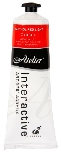 Vibrant Atelier 80ml Napthol Red Light acrylic paint for versatile techniques and seamless blending, ideal for artists.