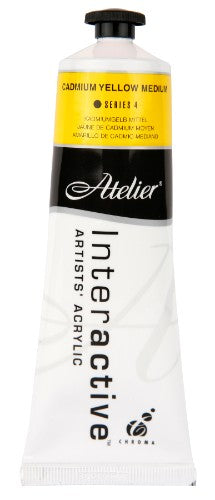 Premium 80ml Cadmium Yellow Medium acrylic paint, featuring vibrant shade and unique controlled drying for seamless blending.