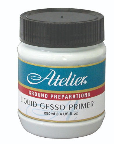 A bottle of Atelier Liquid Gesso Primer 250ml, ideal for prepping surfaces for painting with a smooth, fast-drying formula.