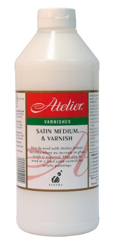 Premium 1-litre Atelier Satin Varnish enhances artwork with a durable satin finish, protecting against dust and UV light.