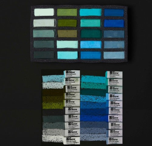 Set of 20 extra soft square pastels featuring vibrant colors, ideal for smooth blending and detailed artwork.