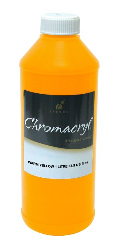 Vibrant Chromacryl 1L Warm Yellow Acrylic Paint, ideal for artists and students, offering excellent coverage and blending.