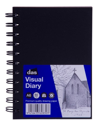 A6 Das Visual Diary with 60 sheets of acid-free, 110gsm drawing paper for sketches and notes, featuring double spiral binding.