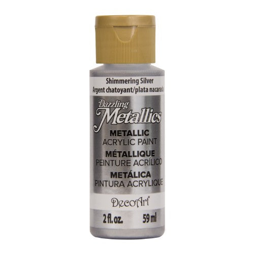 Acrylic paint in shimmering silver, featuring finely ground metal flakes for stunning metallic finishes on various surfaces.