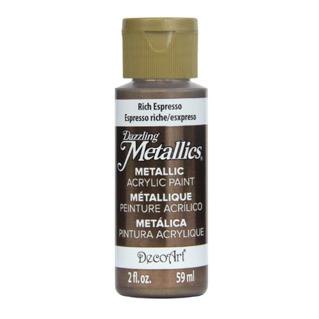 Acrylic paint in Rich Espresso, featuring metallic flakes for vibrant, shimmering effects on various surfaces like wood and fabric.