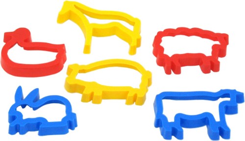 Colorful plastic animal-shaped dough cutters for baking, crafting, and engaging kids in fun culinary activities.