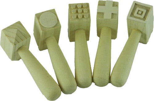 Set of 5 wooden pattern hammers for dough and clay, featuring 10 unique double-sided designs for creative play.