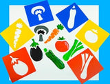 Colorful washable vegetable stencils for kids, promoting creativity and skill development in art projects.