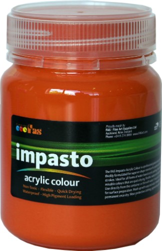Vibrant orange Fas Impasto Acrylic paint in 250ml, ideal for textured artwork with superior shape retention and lightfast pigments.