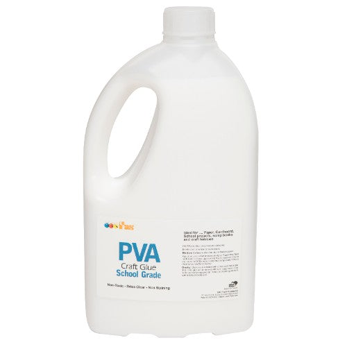 Fas PVA Craft Glue 2ltr bottle, non-toxic adhesive for paper, textiles, and wood, dries clear, quick-drying, easy application.