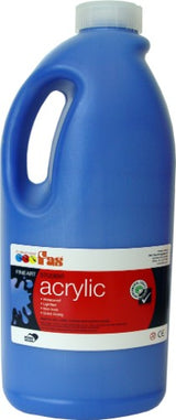 A 2-litre bottle of vibrant Cool Blue acrylic paint, perfect for versatile and creative art projects. Non-toxic and fast-drying.