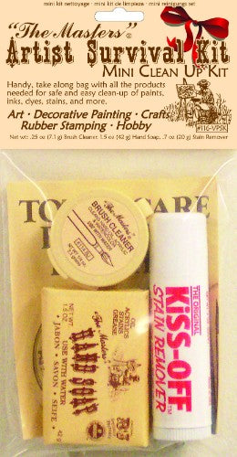 Compact brush cleaner kit with 0.25 oz cleaner, 1.5 oz hand soap, and Kiss-off stain remover for easy, on-the-go maintenance.