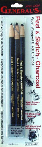 Peel & Sketch Charcoal set with soft, medium, hard pencils and kneadable eraser for versatile artistic creativity.