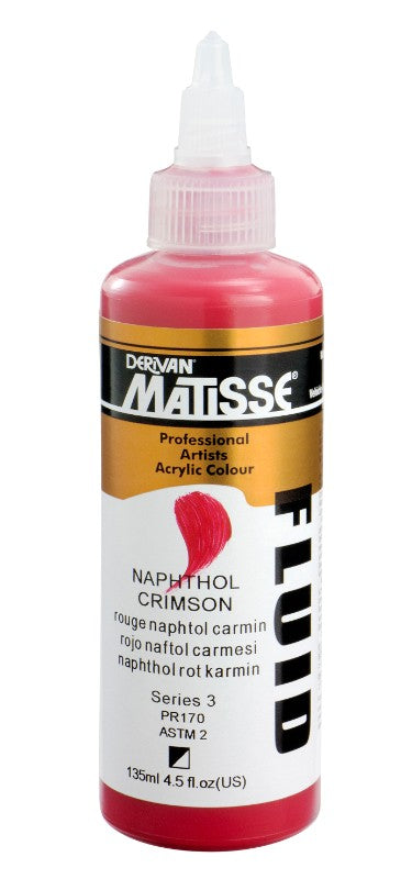 Matisse Fluid Acrylic Paint in Naphthol Crimson, 135ml; features vibrant color, fluid consistency, and excellent lightfastness.