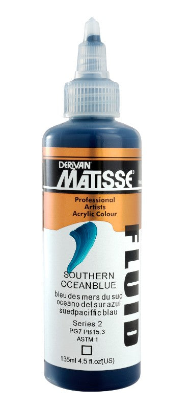 Matisse Fluid Acrylic in Southern Ocean Blue, 135ml, showcasing vibrant, highly pigmented paint for versatile artistic expression.