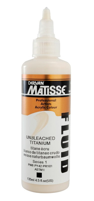 Matisse Fluid Acrylic Paint in Unbleached Titanium, 135ml, showcasing vibrant color, smooth texture, and excellent lightfastness.