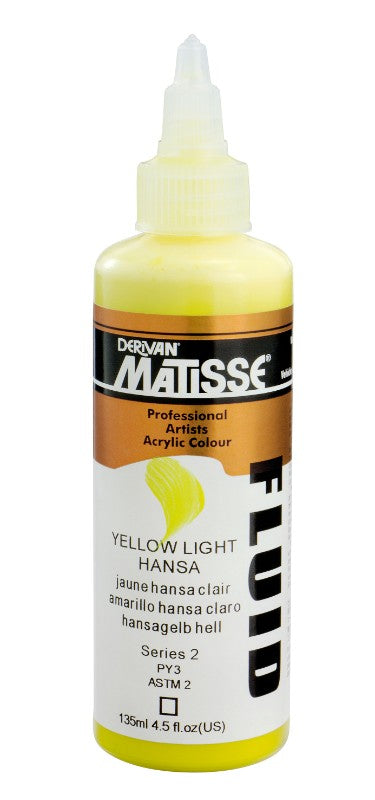 A 135ml bottle of Matisse Fluid Acrylic Paint in vibrant Yellow Light Hansa, ideal for artists seeking high pigmentation and fluidity.