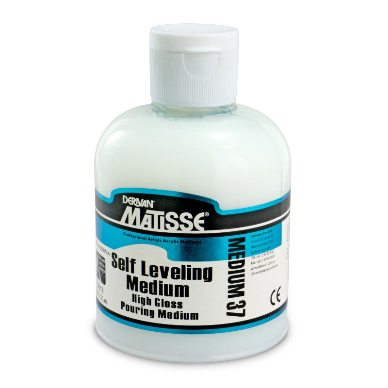 Matisse MM37 250ml Self Leveling Medium bottle, ideal for achieving glossy finishes in various artistic techniques.