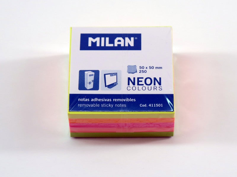 Vibrant Milan Sticky Notes in assorted neon colors, perfect for reminders and organization; 250 notes, easy-peel, no residue.