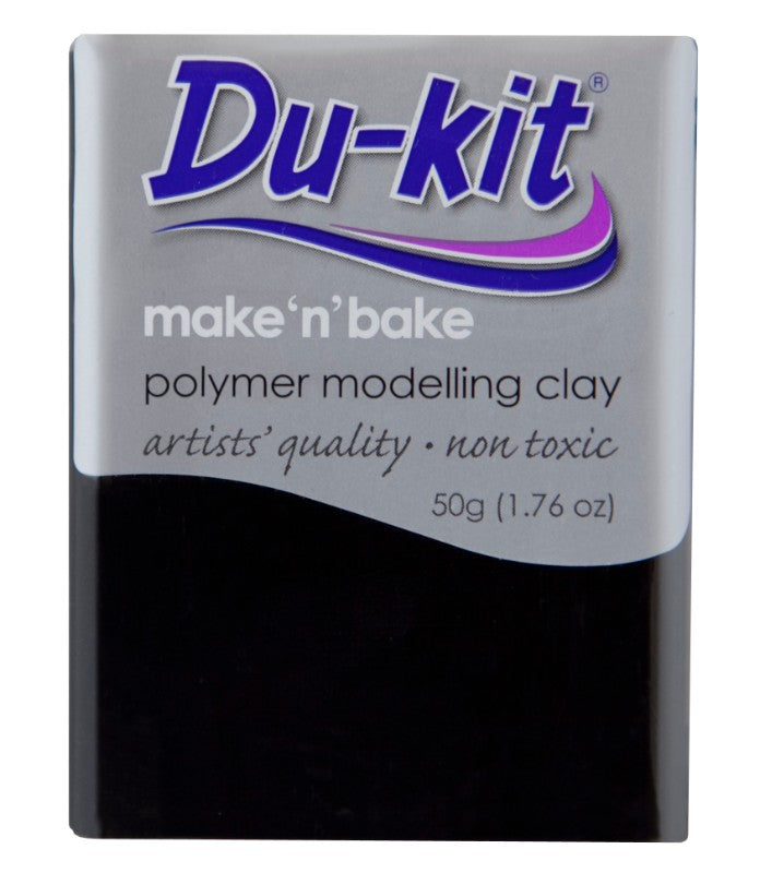 Black Du-Kit Modelling Clay in 50g pack, perfect for detailed sculpting and oven-baking to create durable art pieces.