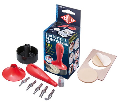 Essdee 3in1 Lino/Stamp Carving Kit with ergonomic tools, versatile cutters, and pre-made stamps for creative printing projects.