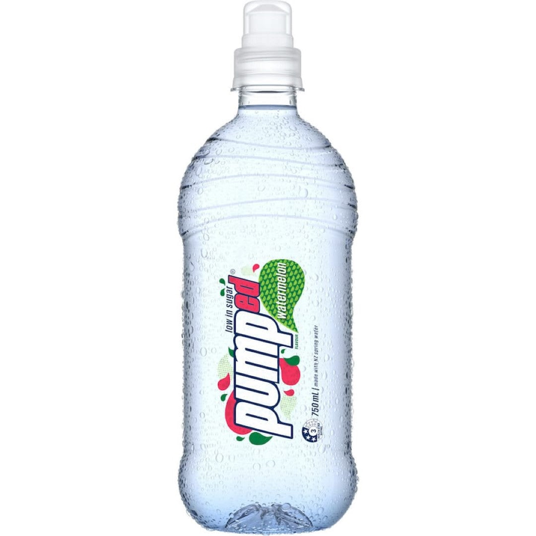 Pumped Water Watermelon bottle featuring hydrating, flavored water with a convenient sipper cap for active lifestyles.