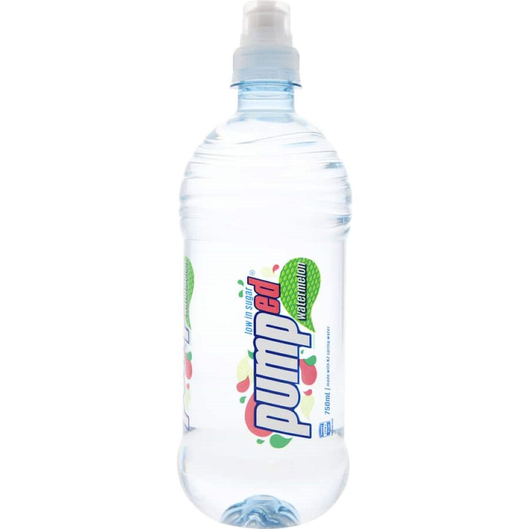 Refreshing Pumped Water Watermelon beverage, offering hydration with delicious watermelon flavor in a convenient sipper cap.