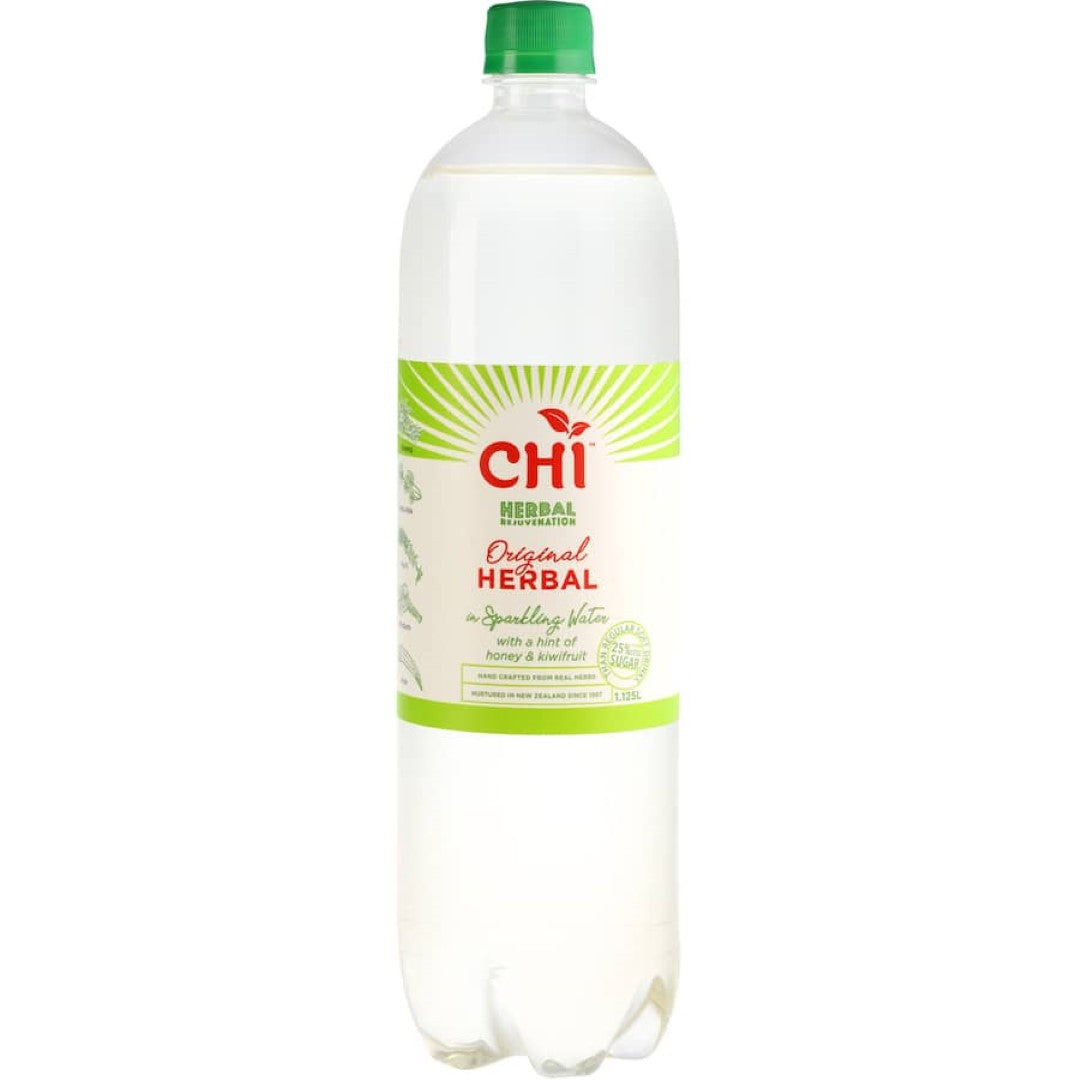 Chi Sparkling Water Herbal Original, a refreshing, herbal-infused beverage handcrafted in New Zealand for healthy hydration.