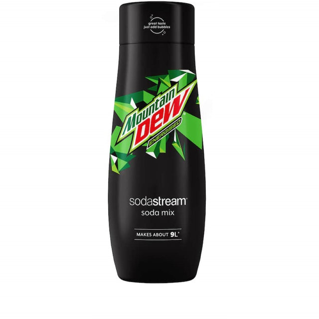 Soda Stream Mountain Dew mix bottle, vibrant citrus flavor for homemade sparkling beverages, eco-friendly and convenient.