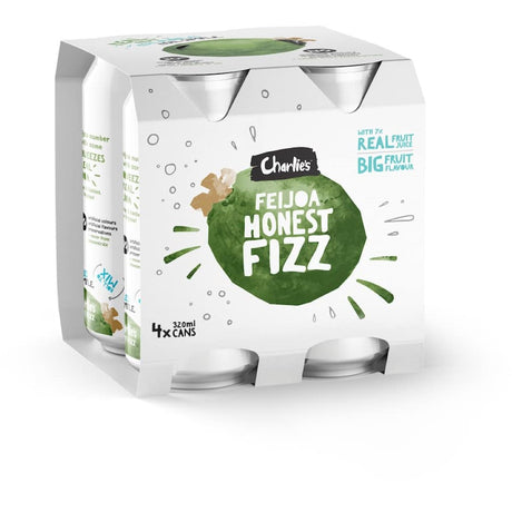 Charlie's Honest Fizz Feijoa soft drink with 7% real fruit juice delivers refreshing, authentic feijoa flavor without additives.