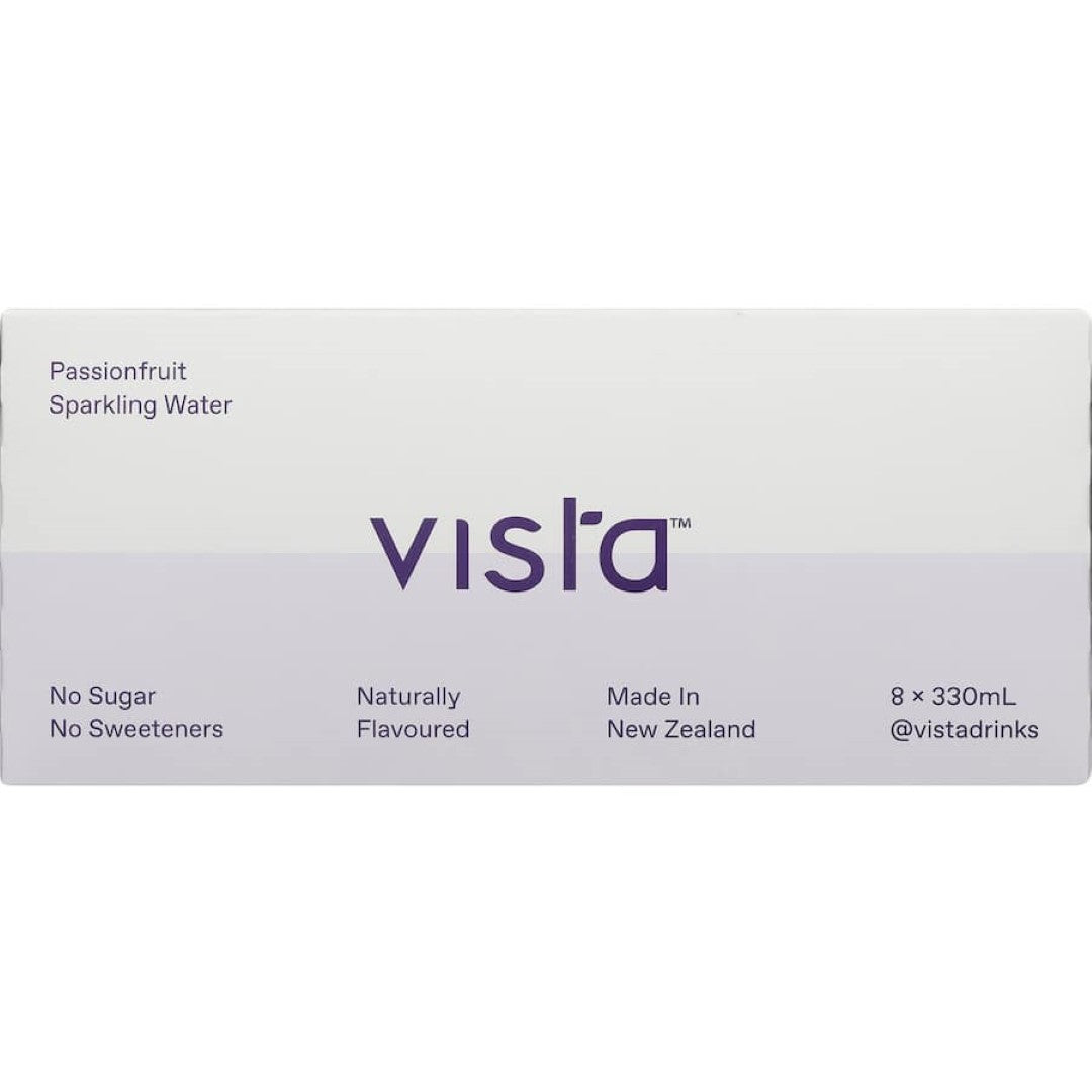 Can of Vista Passionfruit Water, a sugar-free sparkling drink with zesty passionfruit flavor and less than 1 calorie.