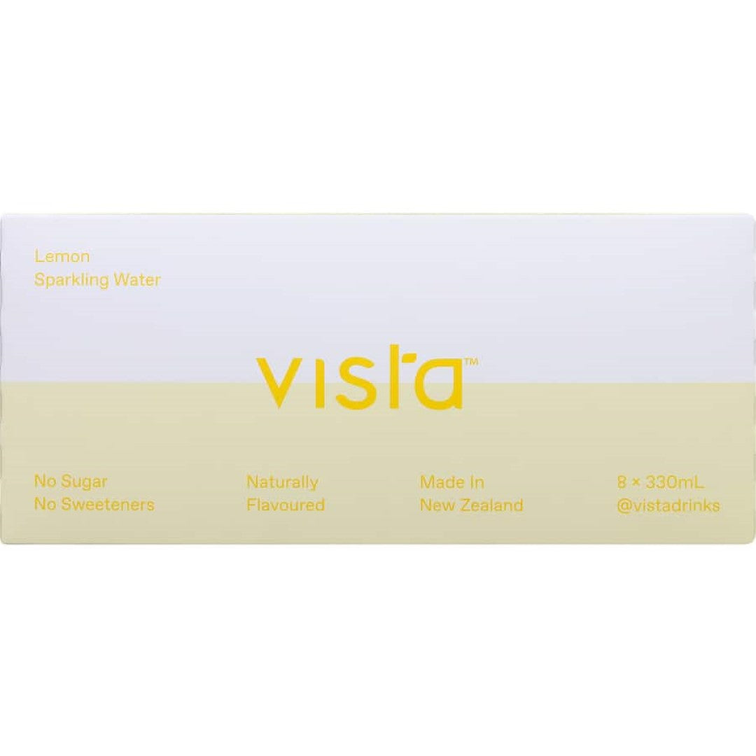 A can of Vista Lemon Water featuring sparkling lemon-flavored hydration with less than 1 calorie and no added sugars.