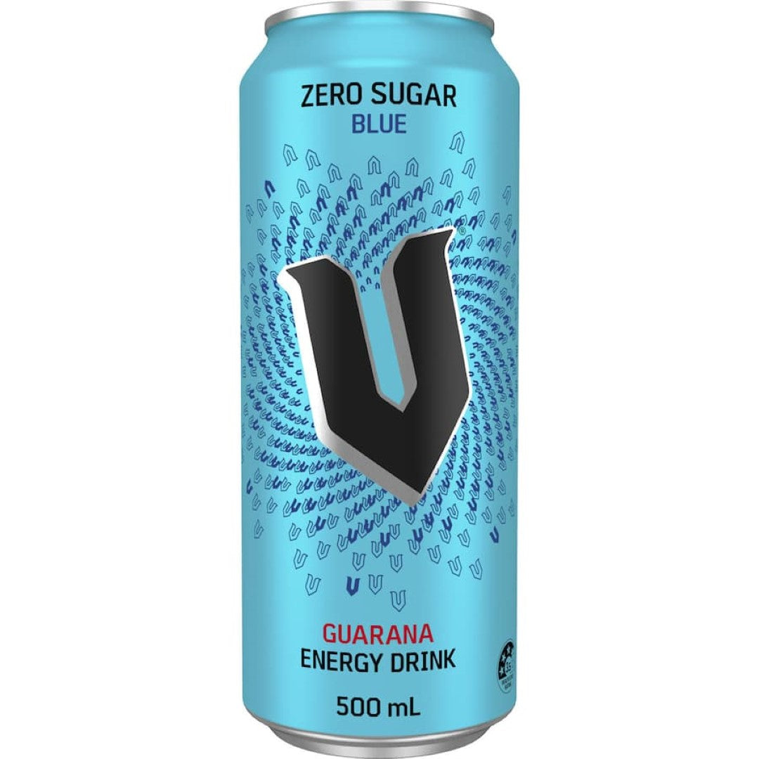 V Blue Energy Drink Sugar Free in a sleek can, offering a refreshing, guilt-free energy boost with a crisp taste.