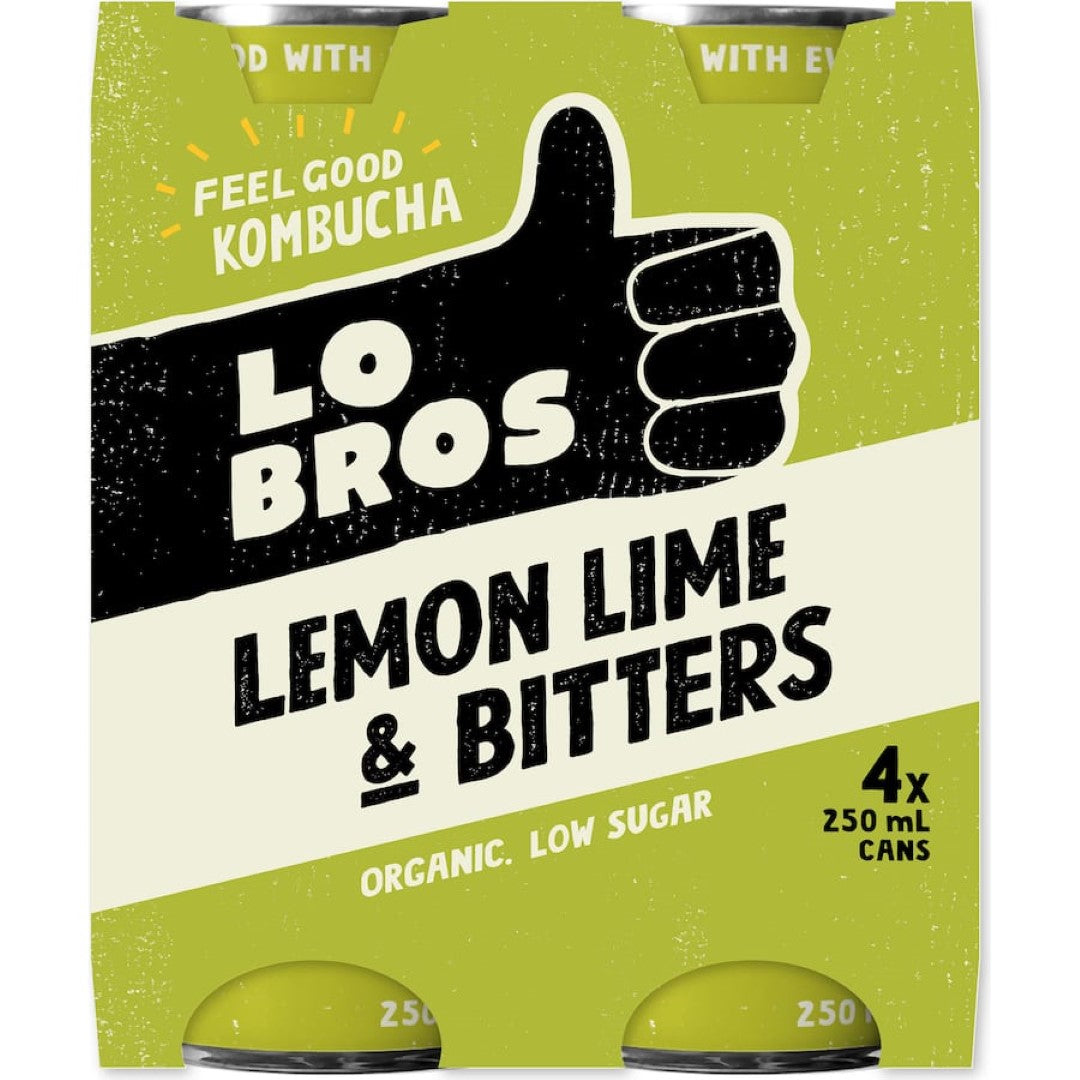 Lo Bros Lemon, Lime & Bitters Soda: a refreshing, probiotic-rich sparkling drink with organic citrus flavors, gluten-free and vegan.