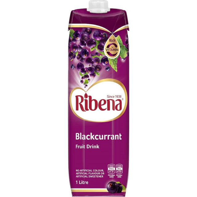 Ribena Blackcurrant drink with Vitamin C, showcasing rich blackcurrant flavor in a refreshing, all-natural beverage.