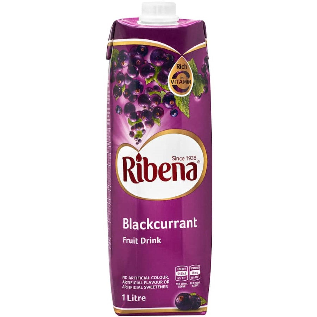 Ribena Blackcurrant drink, rich in real blackcurrant flavor and Vitamin C, free from artificial additives.