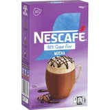 Nescafe 98% Sugar Free Mocha sachets, 10-pack, offering creamy coffee and cocoa blend, easy to prepare at home.