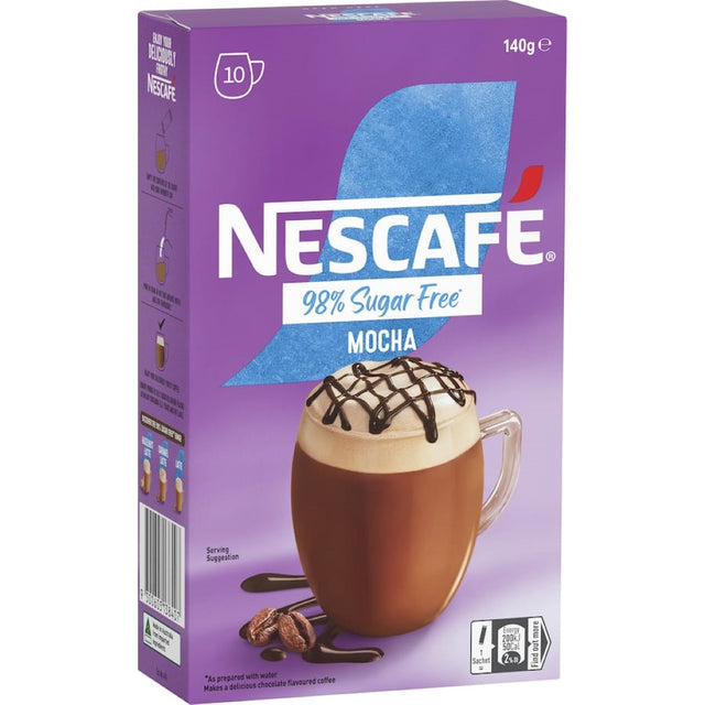 Nescafe 98% Sugar Free Mocha sachets, 10-pack, offering creamy coffee and cocoa blend, easy to prepare at home.