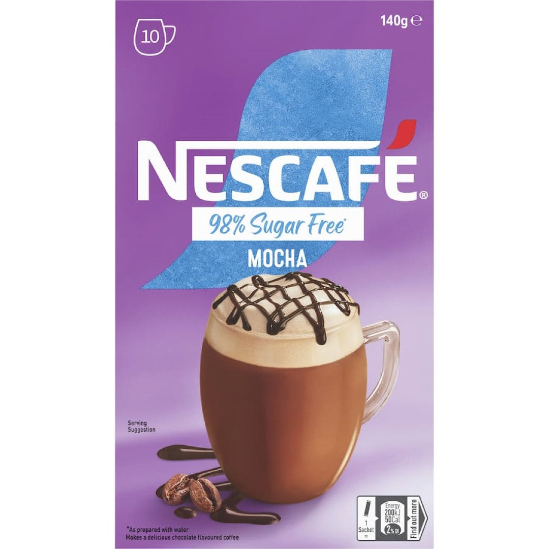 Sachets of NESCAFE 98% Sugar Free Mocha, offering a creamy, guilt-free coffee blend with cocoa in a convenient 10-pack.