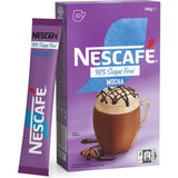 Nescafe 98% Sugar Free Mocha sachets, 10-pack, for a creamy, guilt-free coffee experience with rich coffee and cocoa flavor.